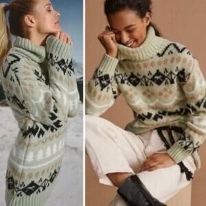 Anthropologie Green Fair Isle Turtleneck Tunic Sweater